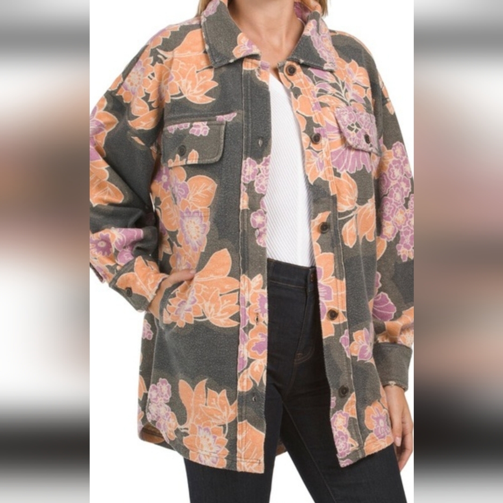 Free People "RUBY"‎ Printed Shacket In Charcoal. Size L.